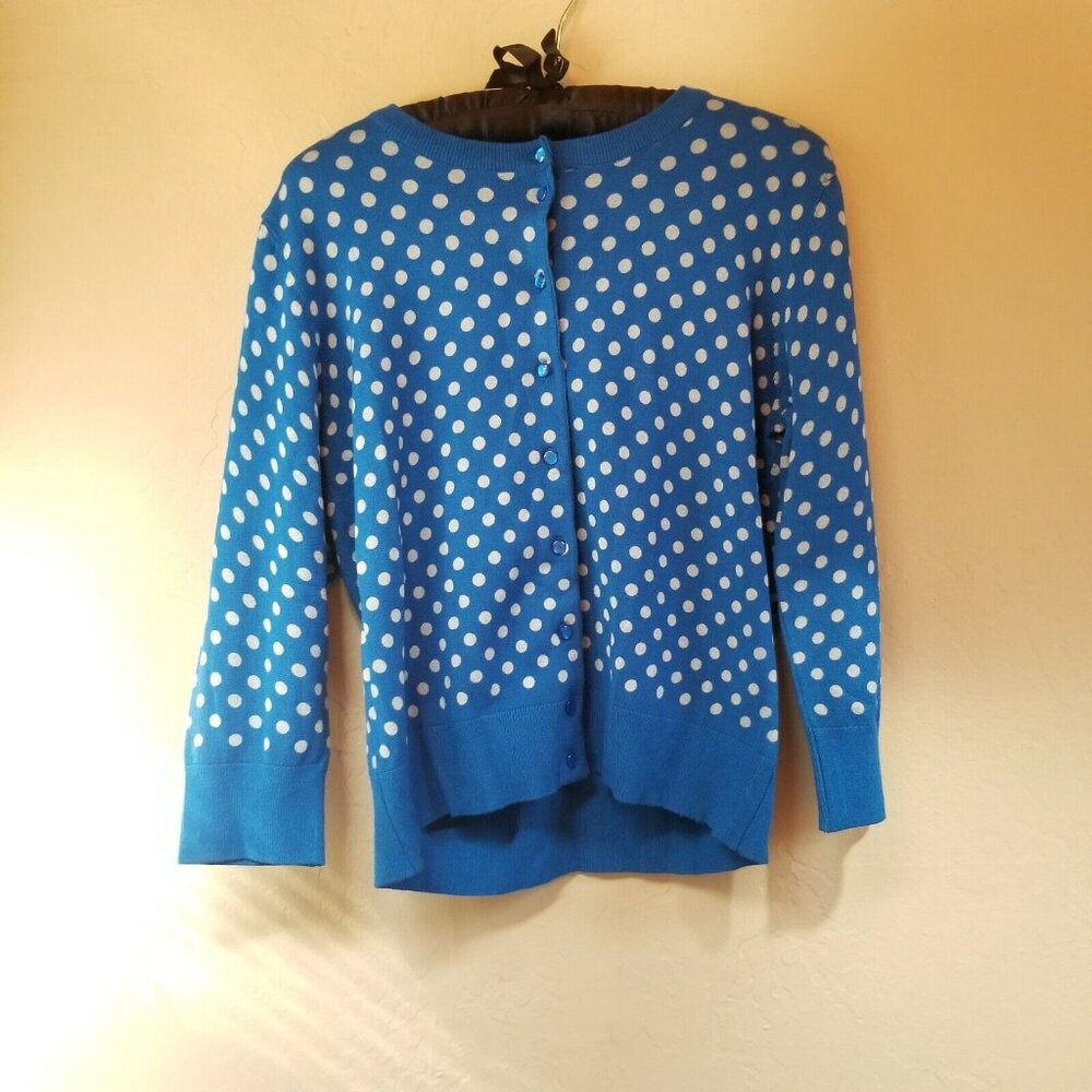 Spense Knits Womens Size Large Blue Button Down Sweater Long Sleeves Polka Dots